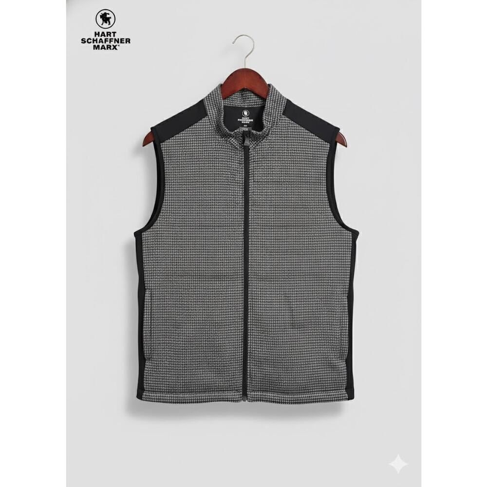 Hart Schaffner Marx Black Houndstooth Knit Full Zip Vest Men's XXL 2XL Pockets